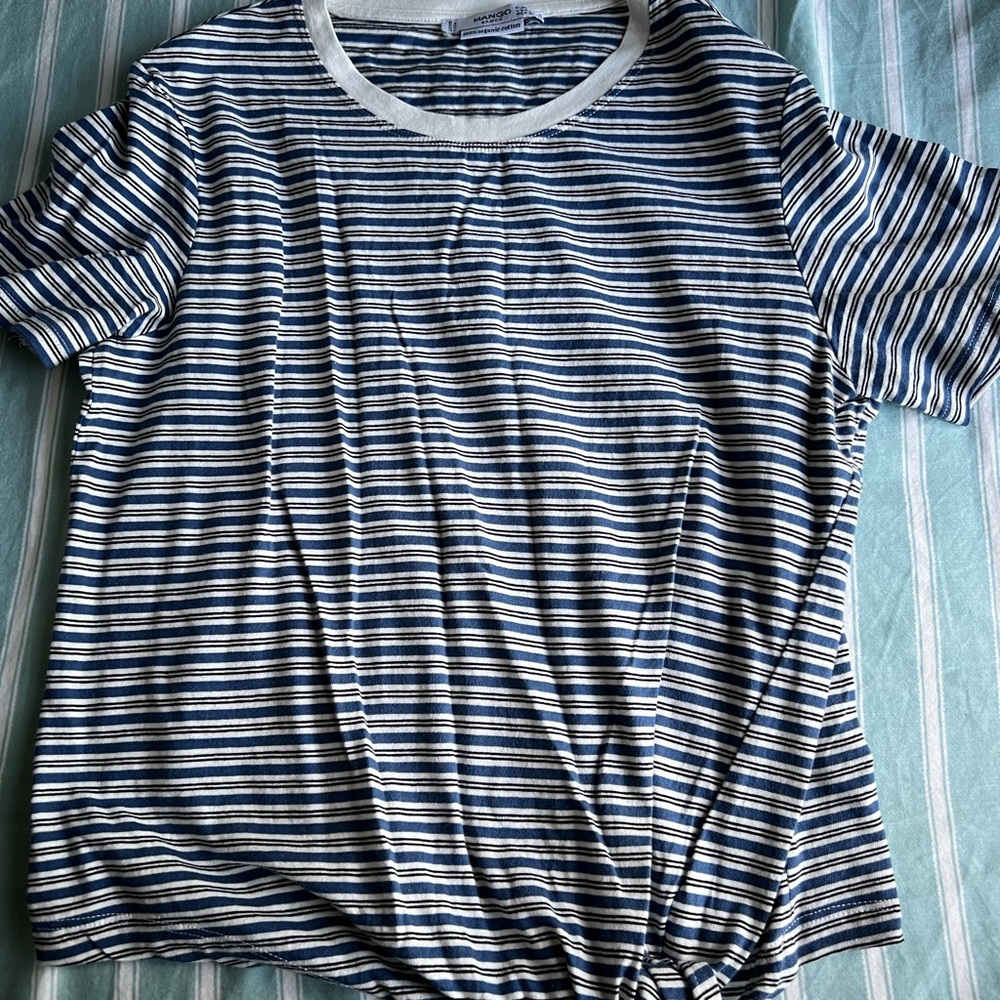 Mango Blue and White Striped Short Sleeve Tee